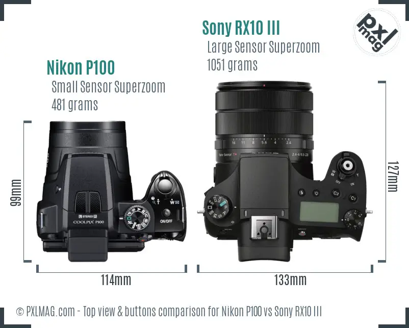 Nikon P100 vs Sony RX10 III top view buttons comparison