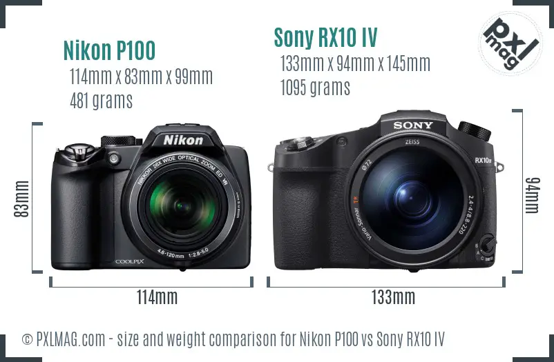 Nikon P100 vs Sony RX10 IV size comparison