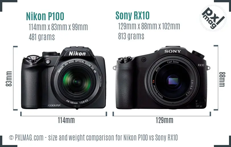 Nikon P100 vs Sony RX10 size comparison
