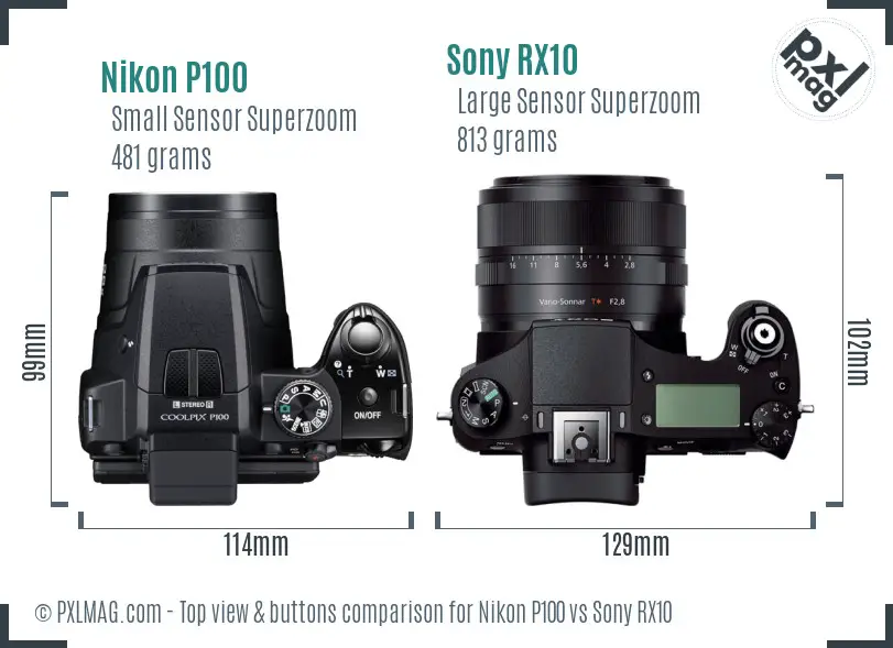 Nikon P100 vs Sony RX10 top view buttons comparison