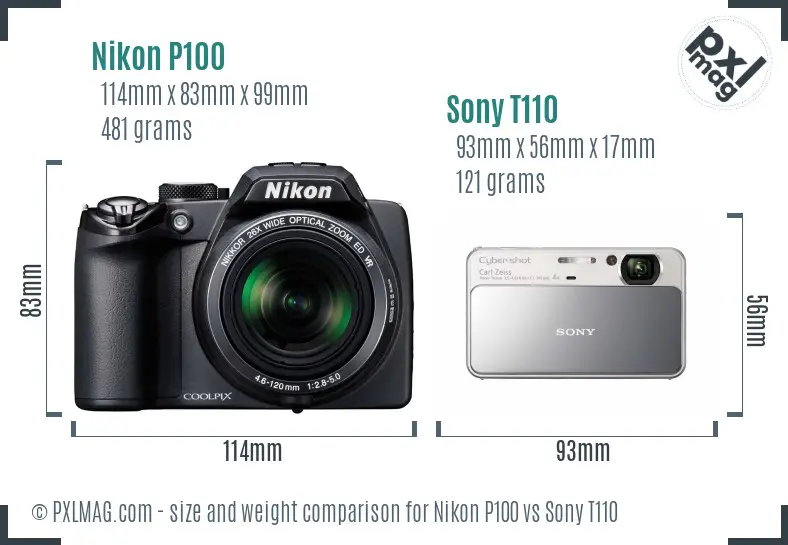 Nikon P100 vs Sony T110 size comparison