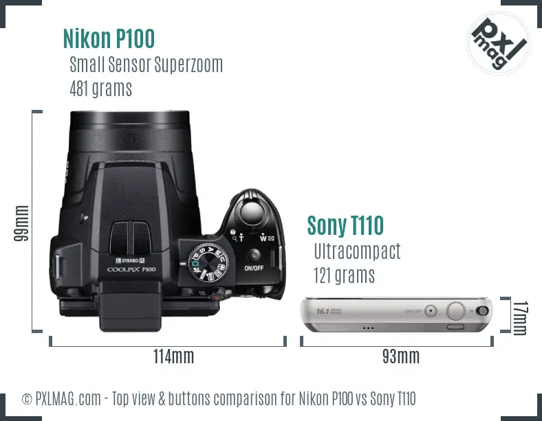 Nikon P100 vs Sony T110 top view buttons comparison