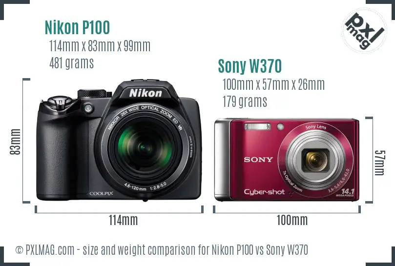 Nikon P100 vs Sony W370 size comparison