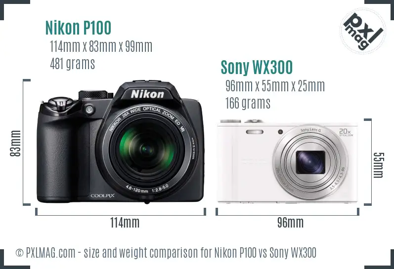 Nikon P100 vs Sony WX300 size comparison