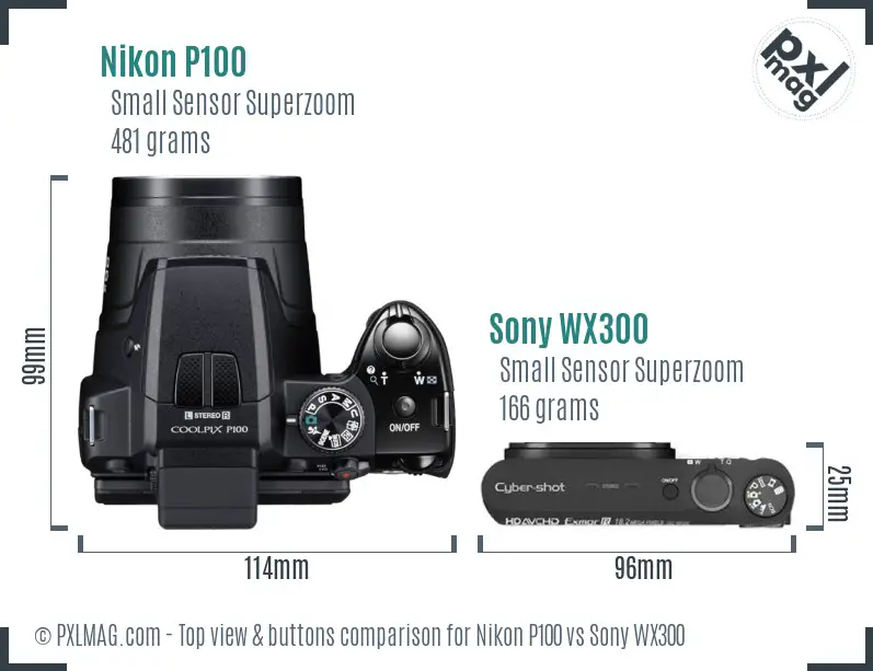 Nikon P100 vs Sony WX300 top view buttons comparison