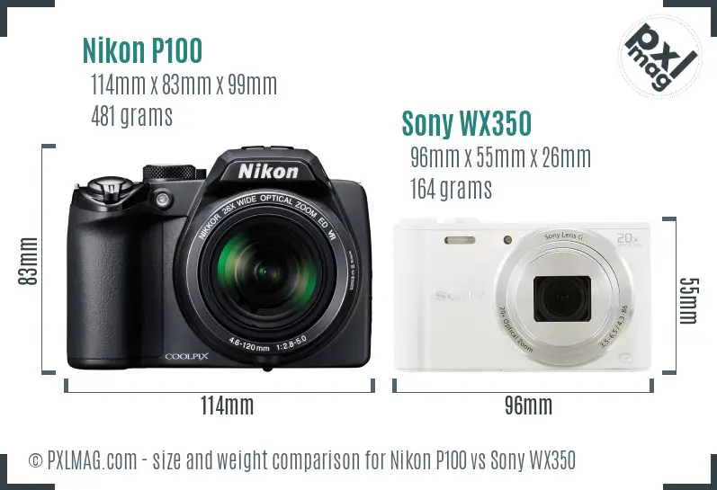 Nikon P100 vs Sony WX350 size comparison