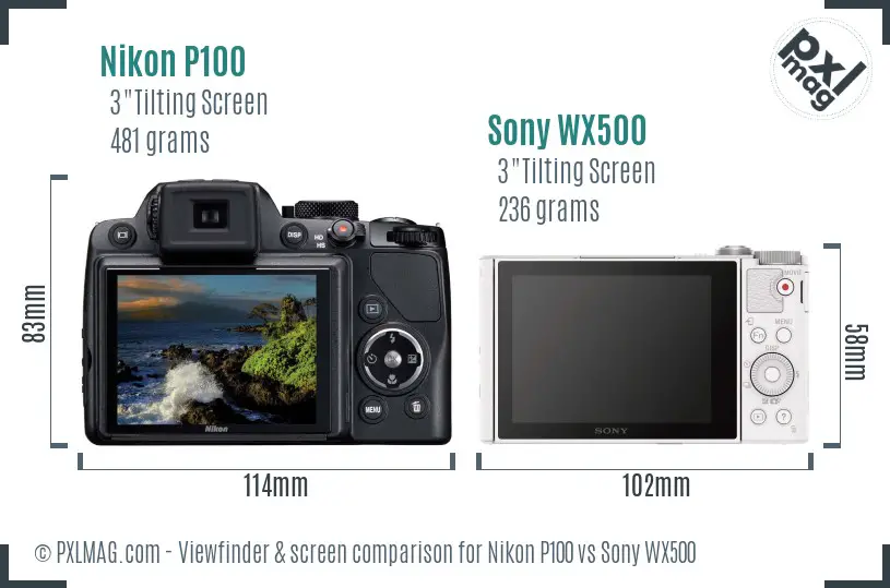 Nikon P100 vs Sony WX500 Screen and Viewfinder comparison