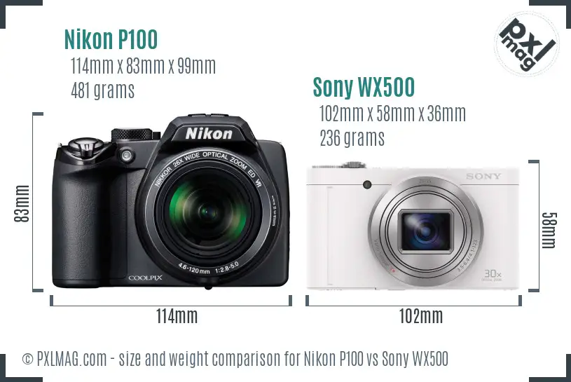Nikon P100 vs Sony WX500 size comparison