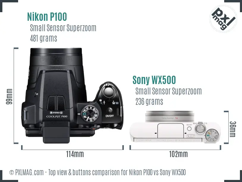 Nikon P100 vs Sony WX500 top view buttons comparison