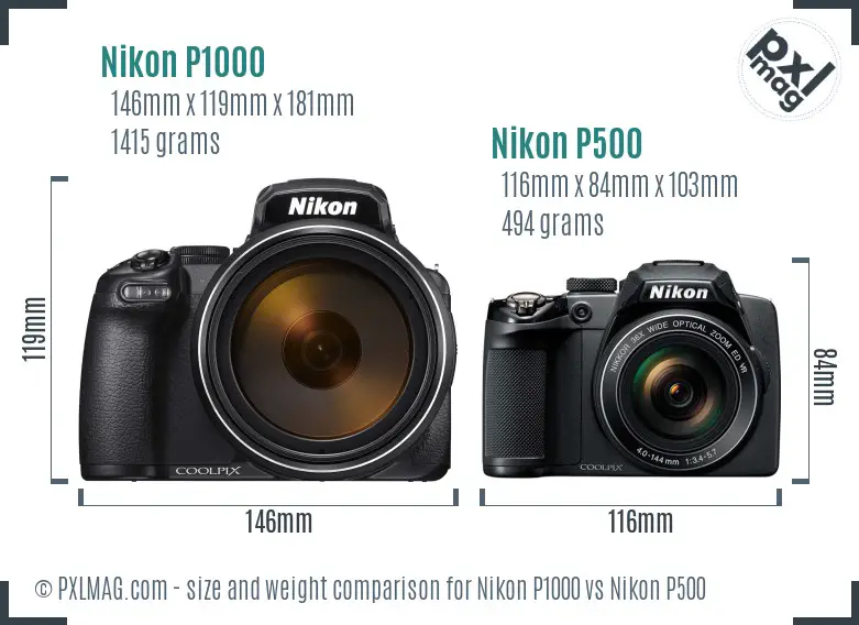 Nikon P1000 vs Nikon P500 size comparison