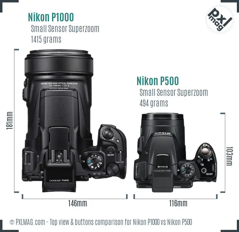 Nikon P1000 vs Nikon P500 top view buttons comparison