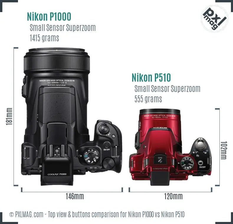 Nikon P1000 vs Nikon P510 top view buttons comparison