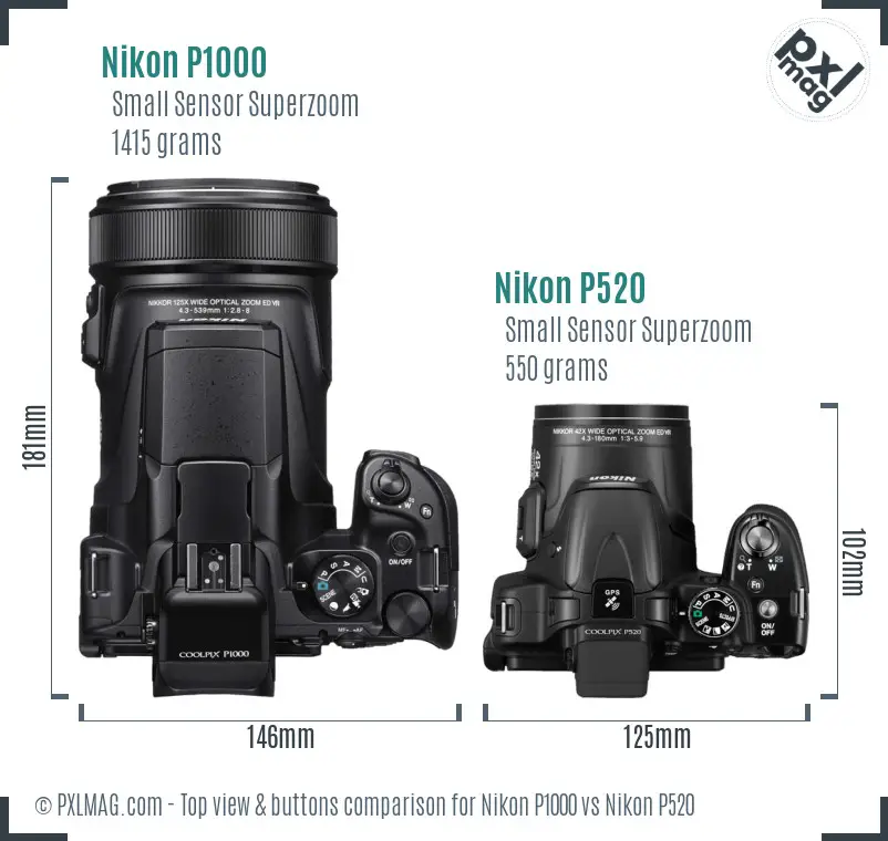 Nikon P1000 vs Nikon P520 top view buttons comparison