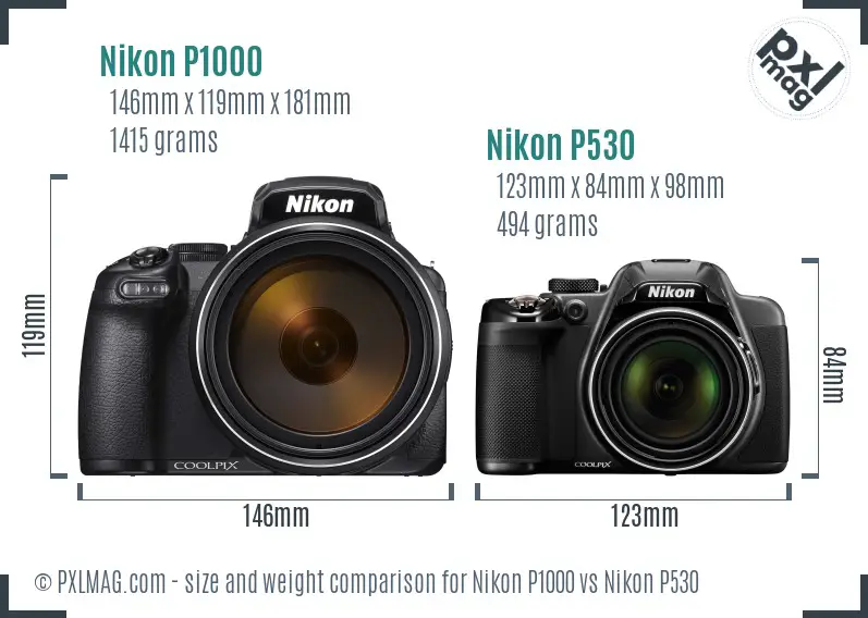 Nikon P1000 vs Nikon P530 size comparison