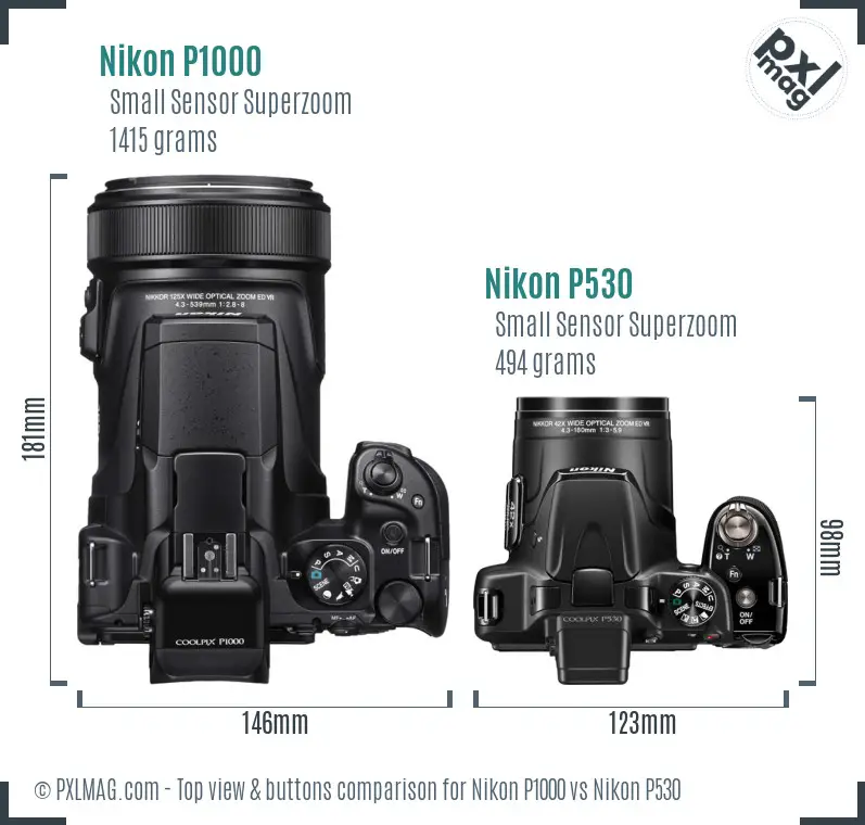 Nikon P1000 vs Nikon P530 top view buttons comparison