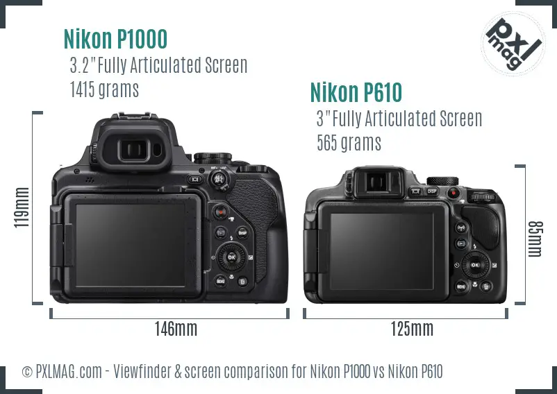 Nikon P1000 vs Nikon P610 Screen and Viewfinder comparison