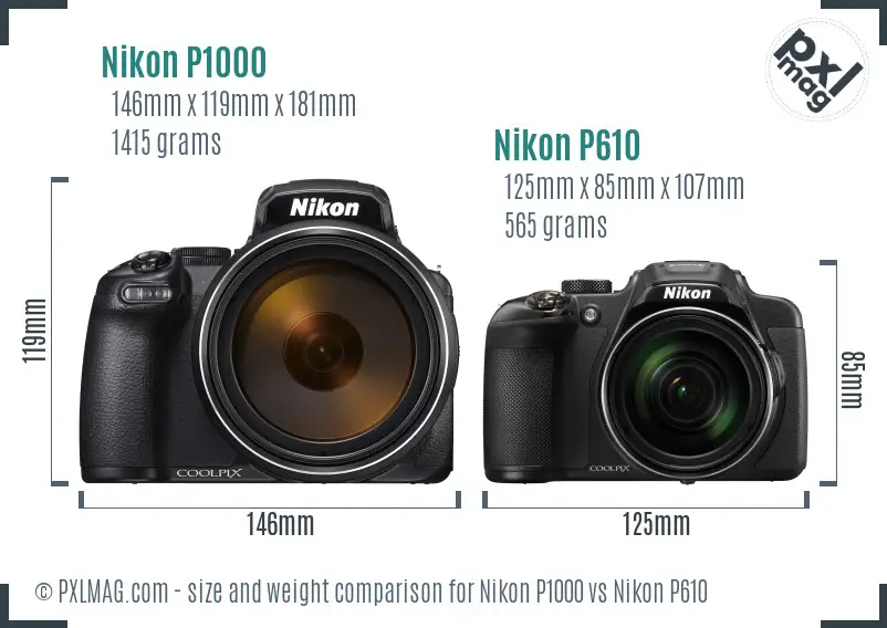 Nikon P1000 vs Nikon P610 size comparison