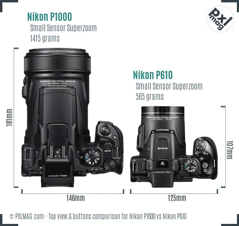 Nikon P1000 vs Nikon P610 top view buttons comparison