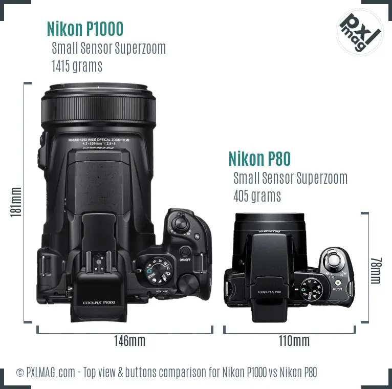 Nikon P1000 vs Nikon P80 top view buttons comparison