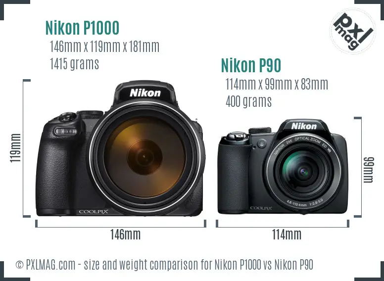 Nikon P1000 vs Nikon P90 size comparison