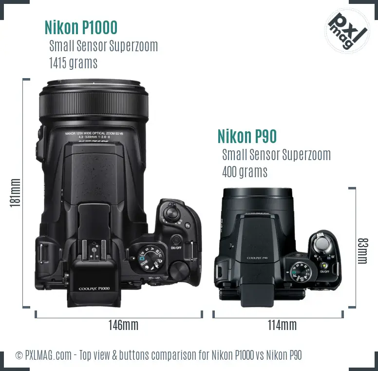 Nikon P1000 vs Nikon P90 top view buttons comparison
