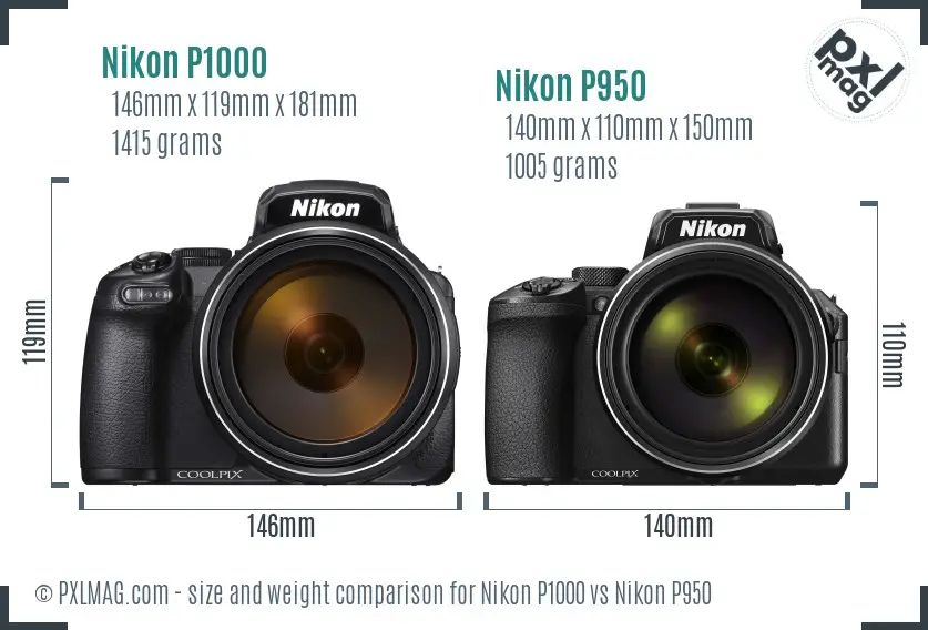 Nikon P1000 vs Nikon P950 size comparison