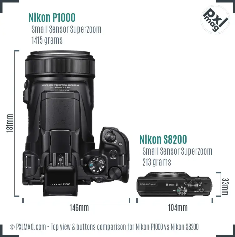 Nikon P1000 vs Nikon S8200 top view buttons comparison