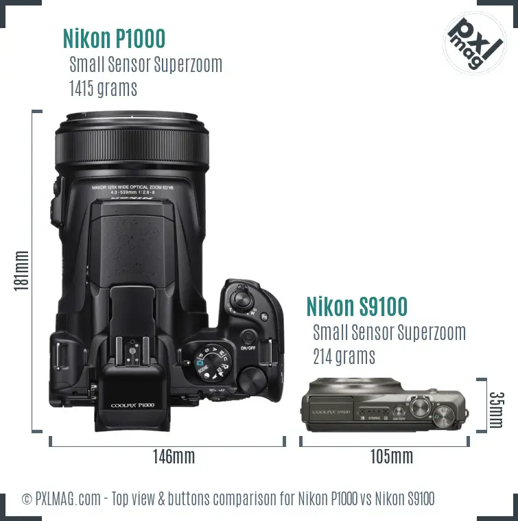 Nikon P1000 vs Nikon S9100 top view buttons comparison