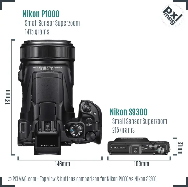 Nikon P1000 vs Nikon S9300 top view buttons comparison