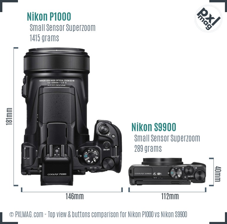 Nikon P1000 vs Nikon S9900 top view buttons comparison