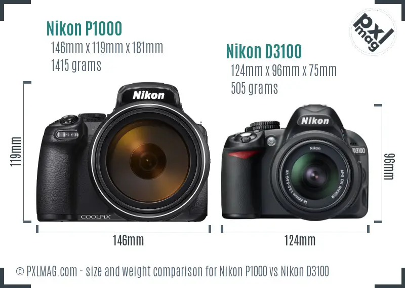 Nikon P1000 vs Nikon D3100 size comparison