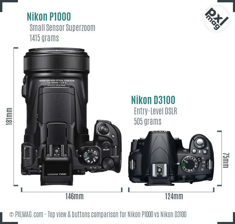 Nikon P1000 vs Nikon D3100 top view buttons comparison