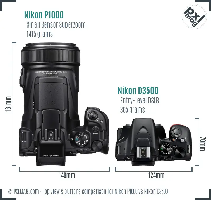 Nikon P1000 vs Nikon D3500 top view buttons comparison