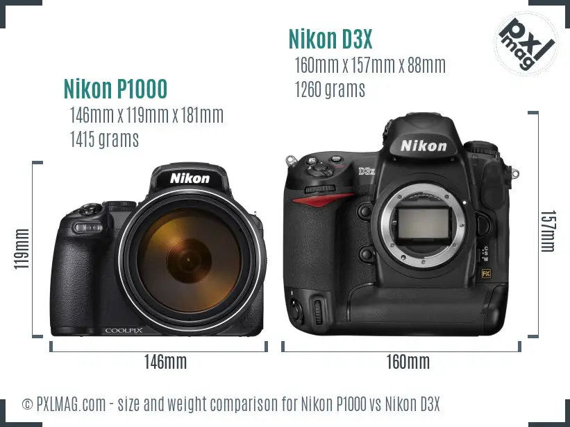 Nikon P1000 vs Nikon D3X size comparison