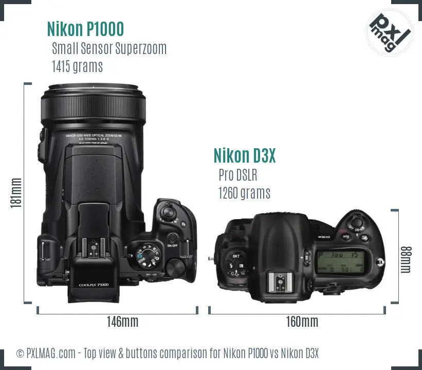 Nikon P1000 vs Nikon D3X top view buttons comparison