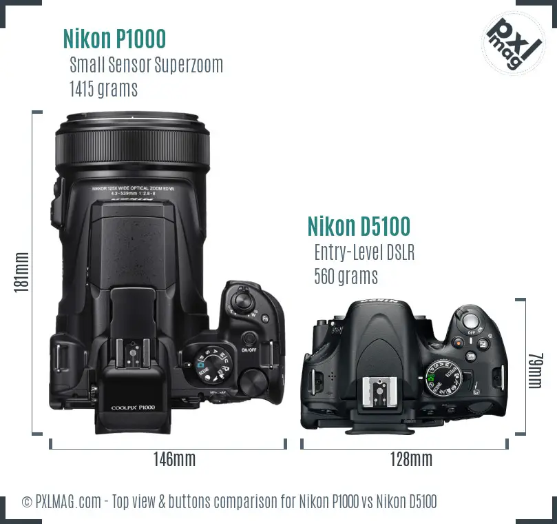 Nikon P1000 vs Nikon D5100 top view buttons comparison