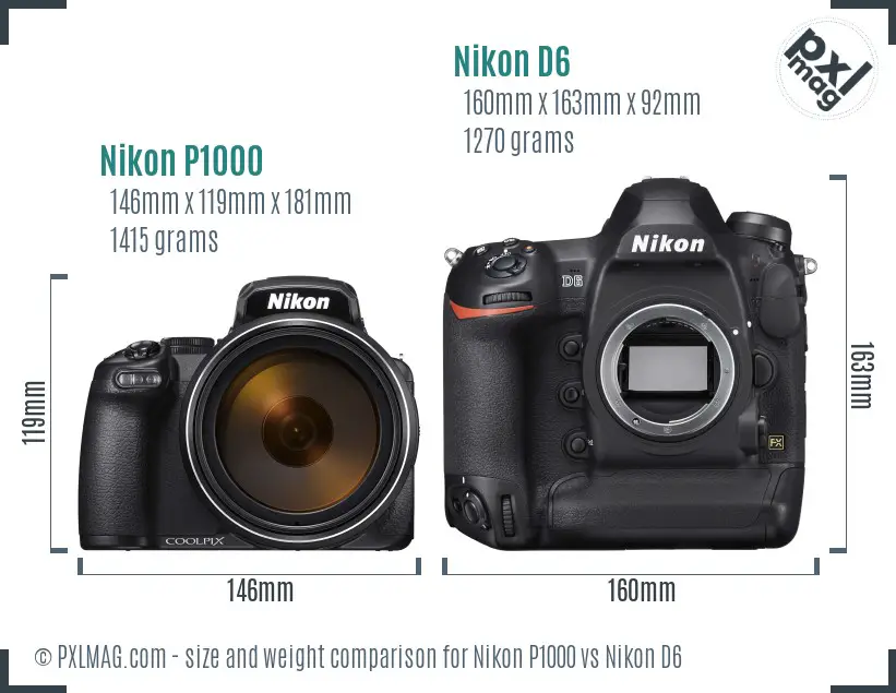 Nikon P1000 vs Nikon D6 size comparison