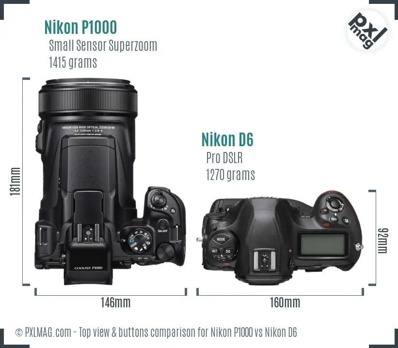 Nikon P1000 vs Nikon D6 top view buttons comparison