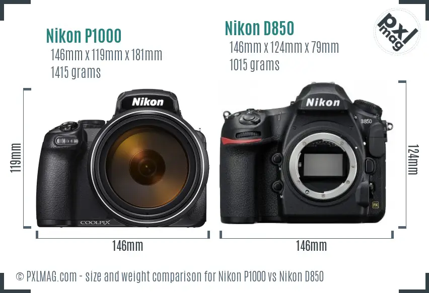 Nikon P1000 vs Nikon D850 size comparison