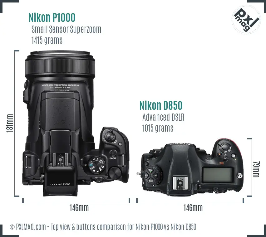 Nikon P1000 vs Nikon D850 top view buttons comparison