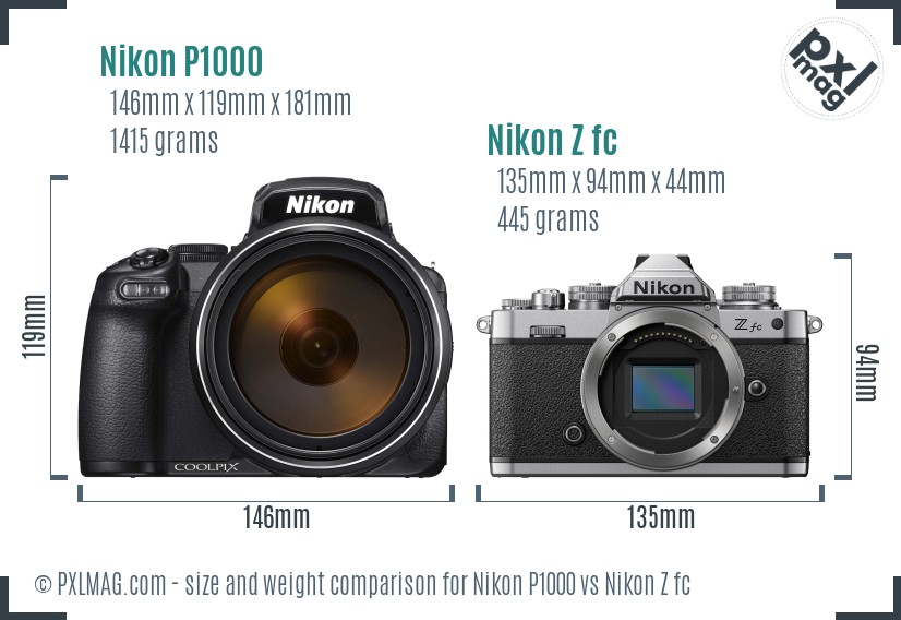 Nikon P1000 vs Nikon Z fc size comparison