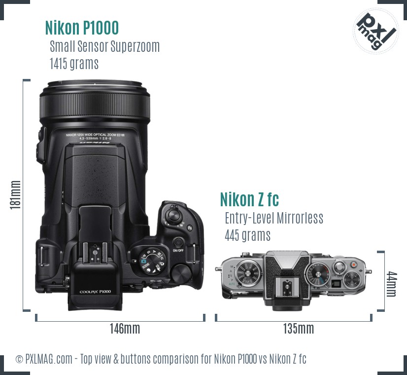 Nikon P1000 vs Nikon Z fc top view buttons comparison