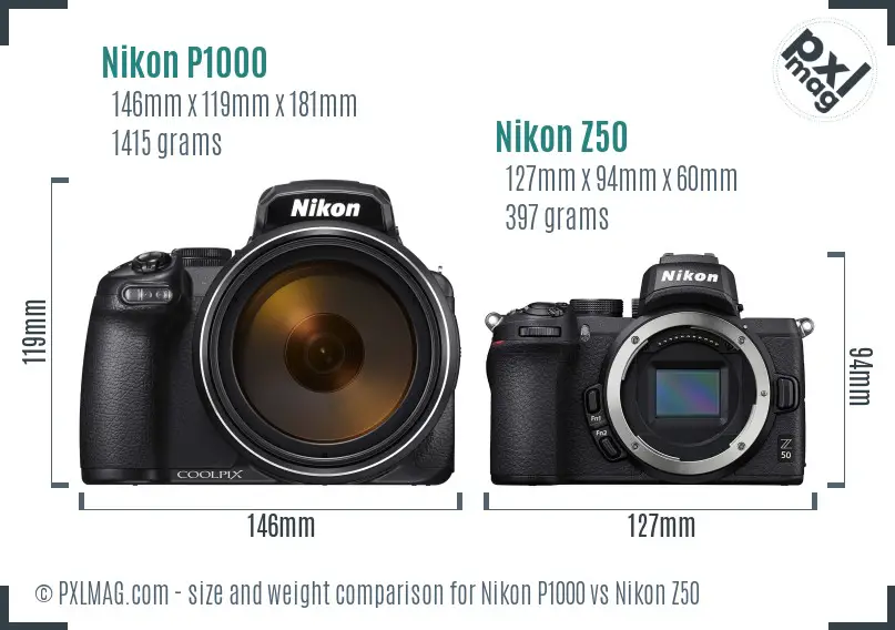 Nikon P1000 vs Nikon Z50 size comparison Nikon P1000 vs Nikon Z50 size comparison