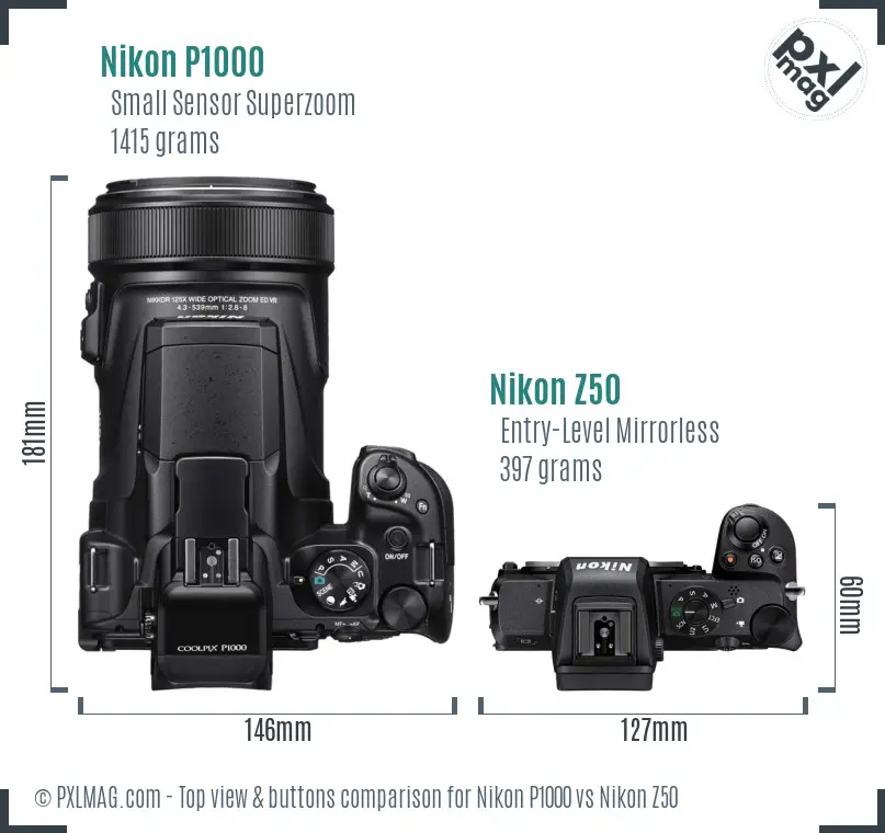 Nikon P1000 vs Nikon Z50 top view buttons comparison Nikon P1000 vs Nikon Z50 top view buttons comparison