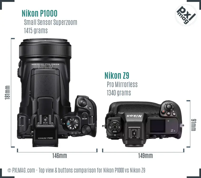 Nikon P1000 vs Nikon Z9 top view buttons comparison Nikon P1000 vs Nikon Z9 top view buttons comparison