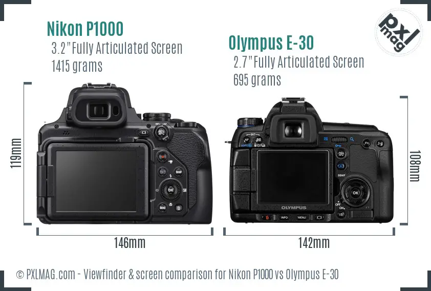 Nikon P1000 vs Olympus E-30 Screen and Viewfinder comparison