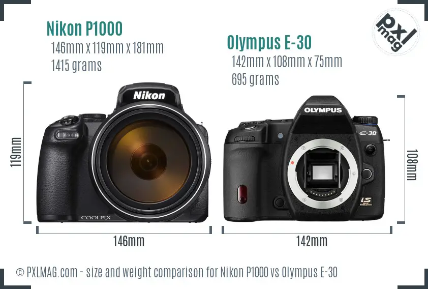 Nikon P1000 vs Olympus E-30 size comparison