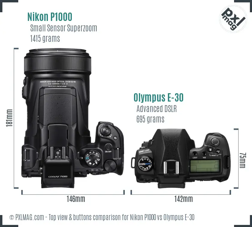 Nikon P1000 vs Olympus E-30 top view buttons comparison