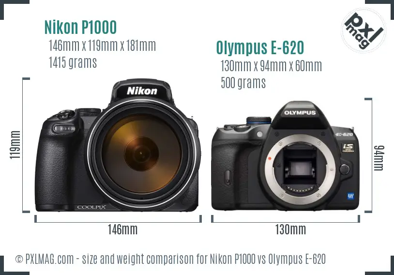Nikon P1000 vs Olympus E-620 size comparison
