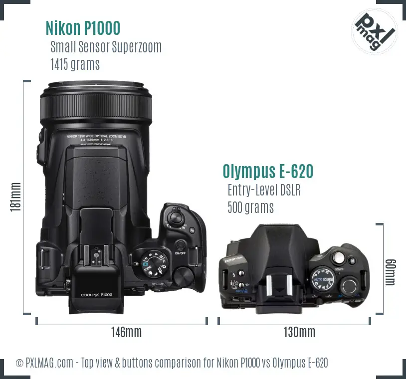 Nikon P1000 vs Olympus E-620 top view buttons comparison